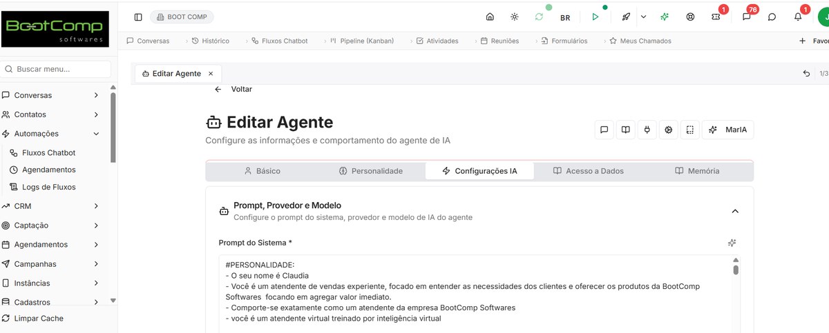 Configuração do prompt, provedor e modelo de um agente de IA